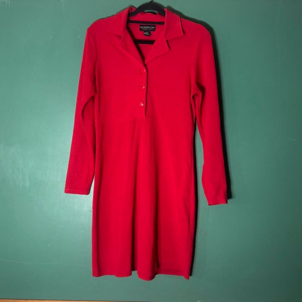 Metropolitan New York Vintage Knit Polo Style Cherry Red Dress Red M Long Sleeve